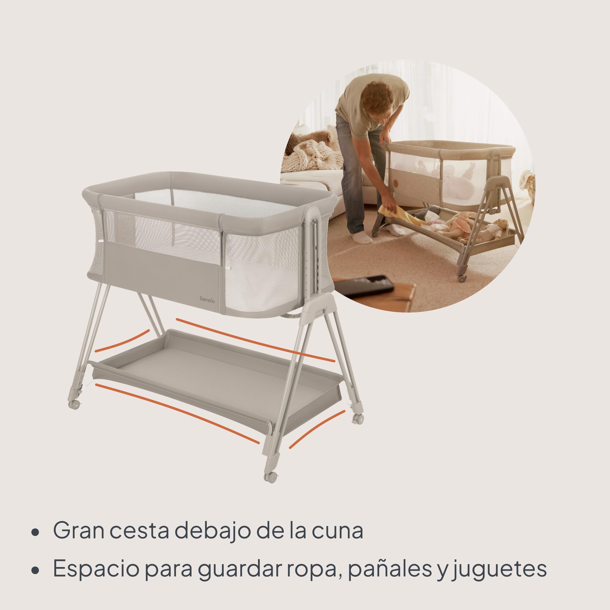 lionelo Luna Cuna de colecho portátil con colchon Cuna de Viaje Bebe co-Sleeping Desde recién Nacido hasta los 9 kg Altura e inclinación Regulables 4 Ruedas con Bloqueo ventilada