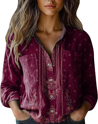 Linen Clothes for Women 2025 Floral Printed V Neck Long Sleeve Blouse Collared Boho Shirt Casual Tops with Pocket