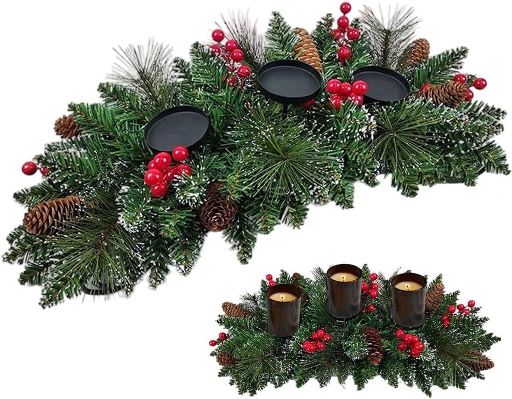 Christmas Candle Holder, Christmas Table Centrepiece Artificial Pine Cone Berries Tea Light Holder Dining Table Decor