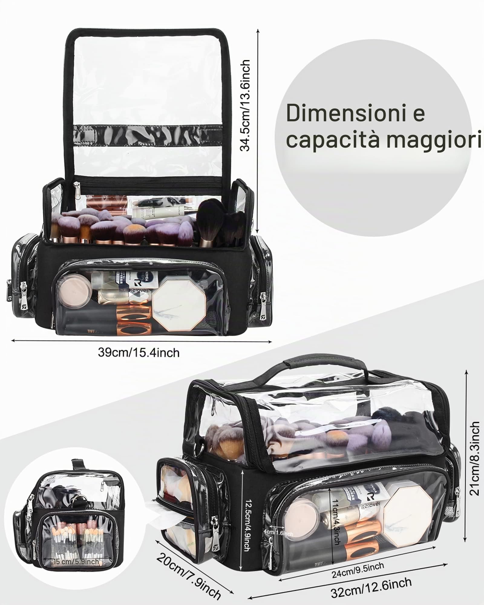 Relavel Borsa per Pennelli da Trucco Extra Grande, Professionale, Artista, da Viaggio, Trasparente, Impermeabile, Nero, Contenitore per Cosmetici
