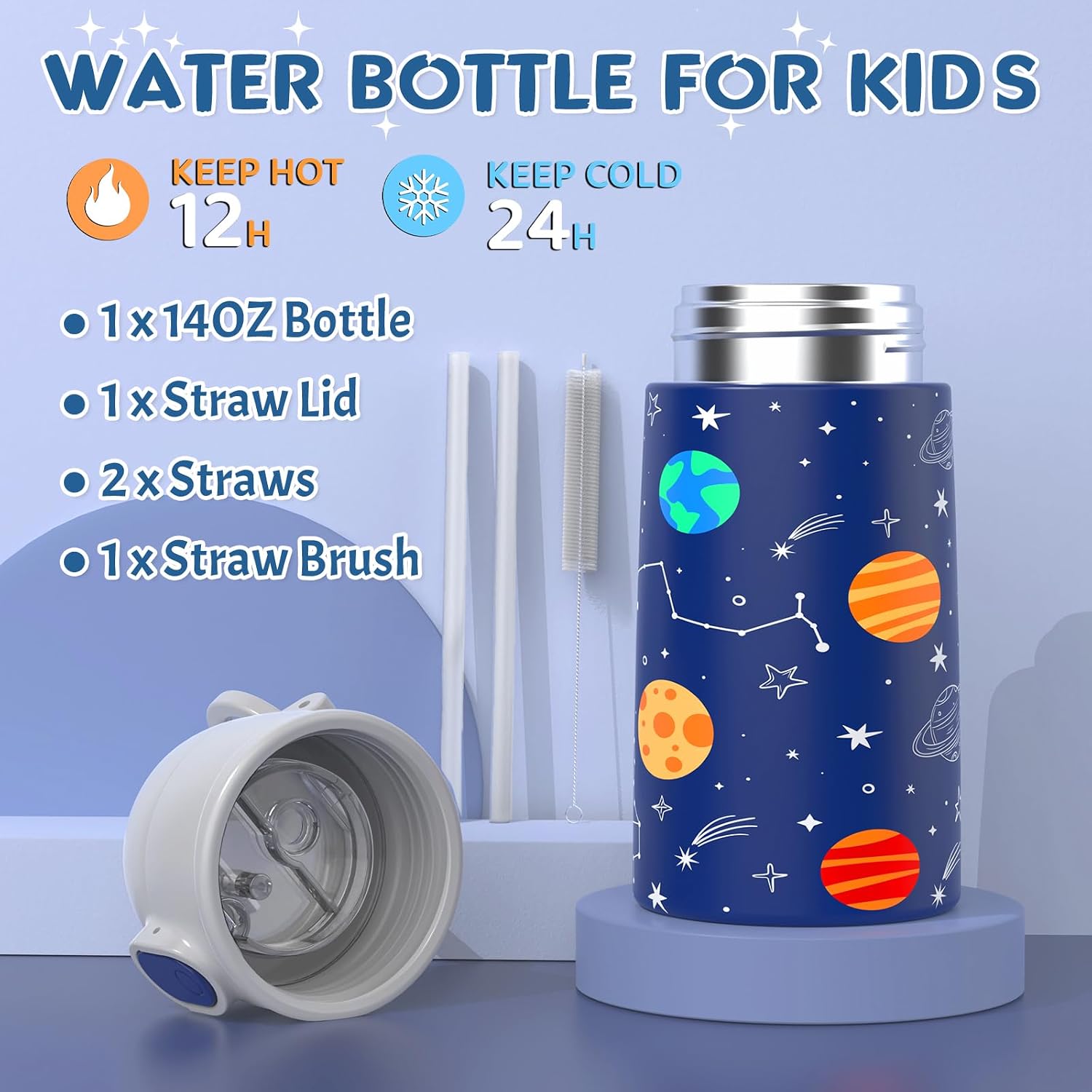 Backpack for Boys 5-8 with Water Bottle - 5PCS Luminous 15inch Boys Backpack for School Kindergarten Preschool Elementary Daycare - 13oz Insulated Water Bottle Back to School Gift (Planet)