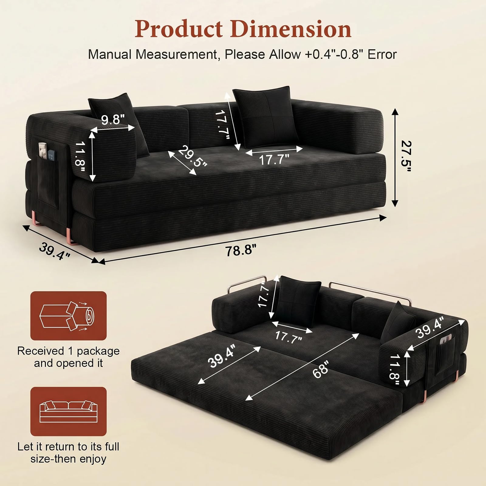 Convertible Futon Sofa Bed | 78.8” Corduroy Boneless Couch with Pull Out Sofa Bed, Comfy Futon Floor Couch with Side Pocket, Versatile Sleeper Sofa for Home & Apartment |Black