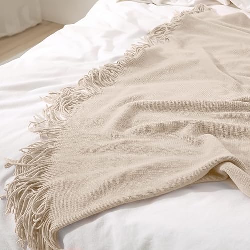 Miniatura 6 de Homiest - Manta decorativa de punto con flecos, manta ligera tejida de acrílico, manta suave y acogedora con borlas para sofá, sillón, cama (beige,