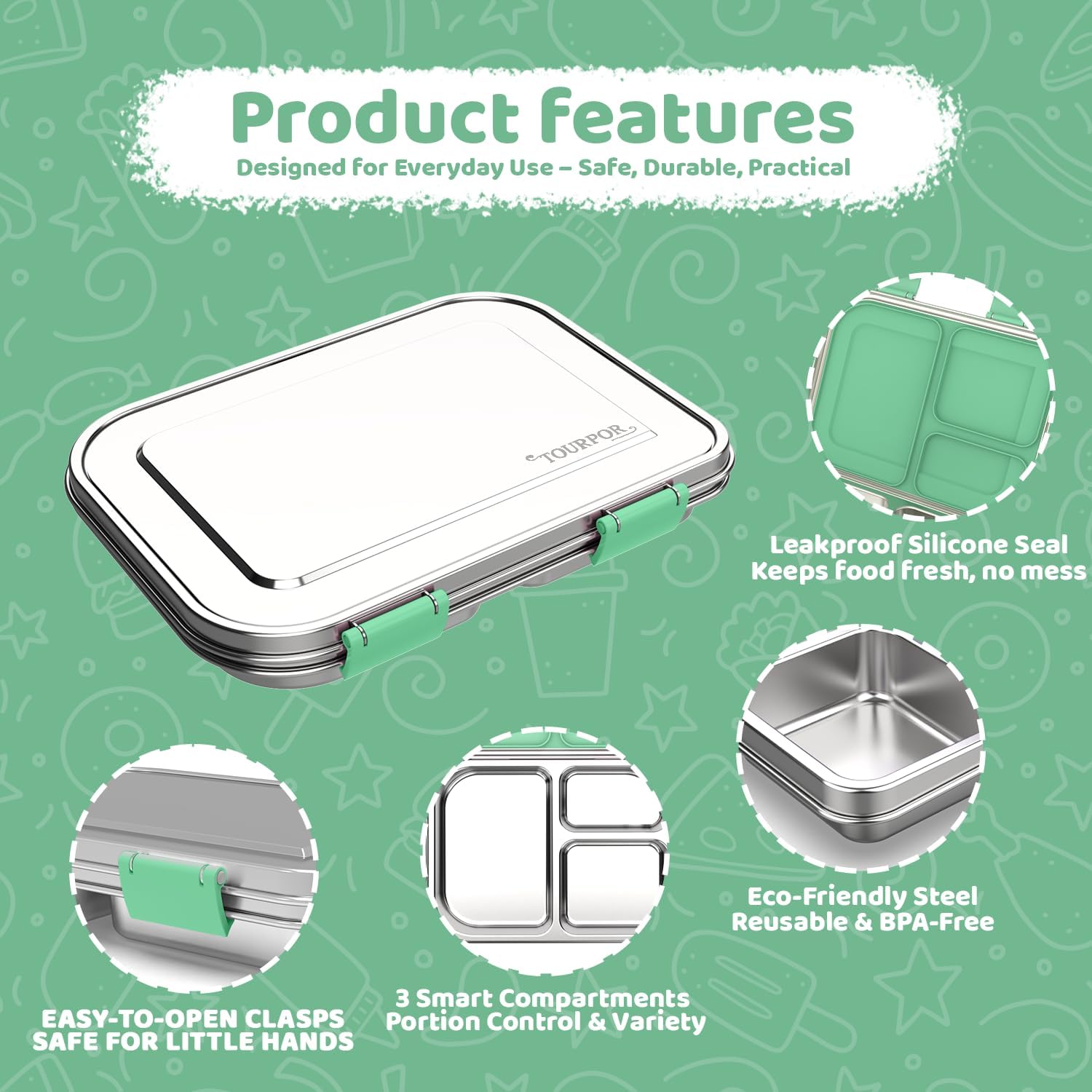 Stainless Steel Bento Box for Kids 1000ml - 3 Compartment Lunch Box for Adults, Leakproof Food Container, BPA-Free Metal Lunch Box with Silicone Seal, Eco-Friendly/Dishwasher Safe (Green) - Image 3