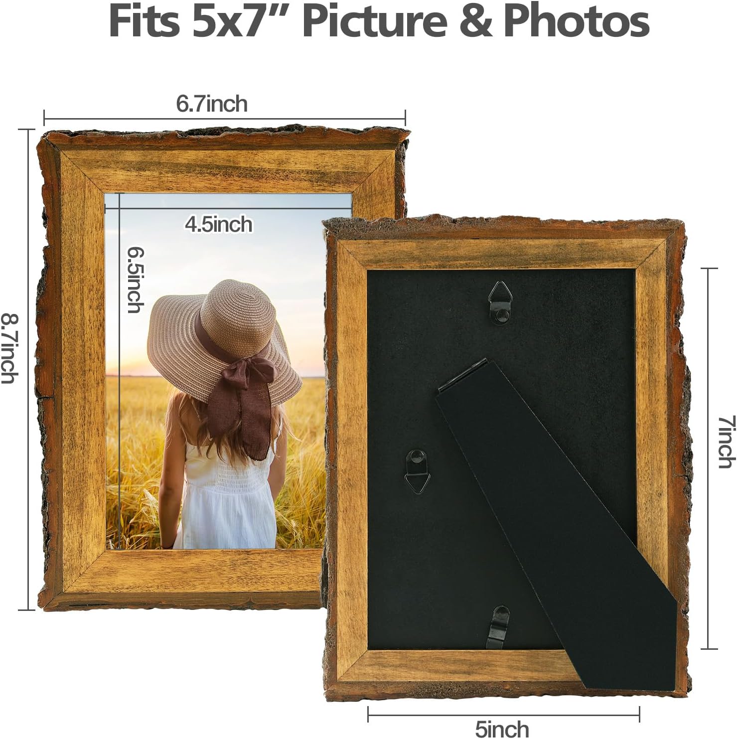 Golden State Art, 5x7 Picture Frame Rustic Brown, Solid Wood Picture Frame with Bark Edges & Real Glass Cover, Display Posters/Photos/Prints 5x7 for Wall Mounting, Farmhouse Decor (5 Pack)