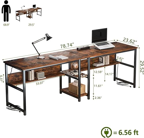 Miniatura 2 de Escritorio para dos personas de 78.74 pulgadas con 2 regletas de alimentación, escritorio doble con estantes, escritorio largo para computadora