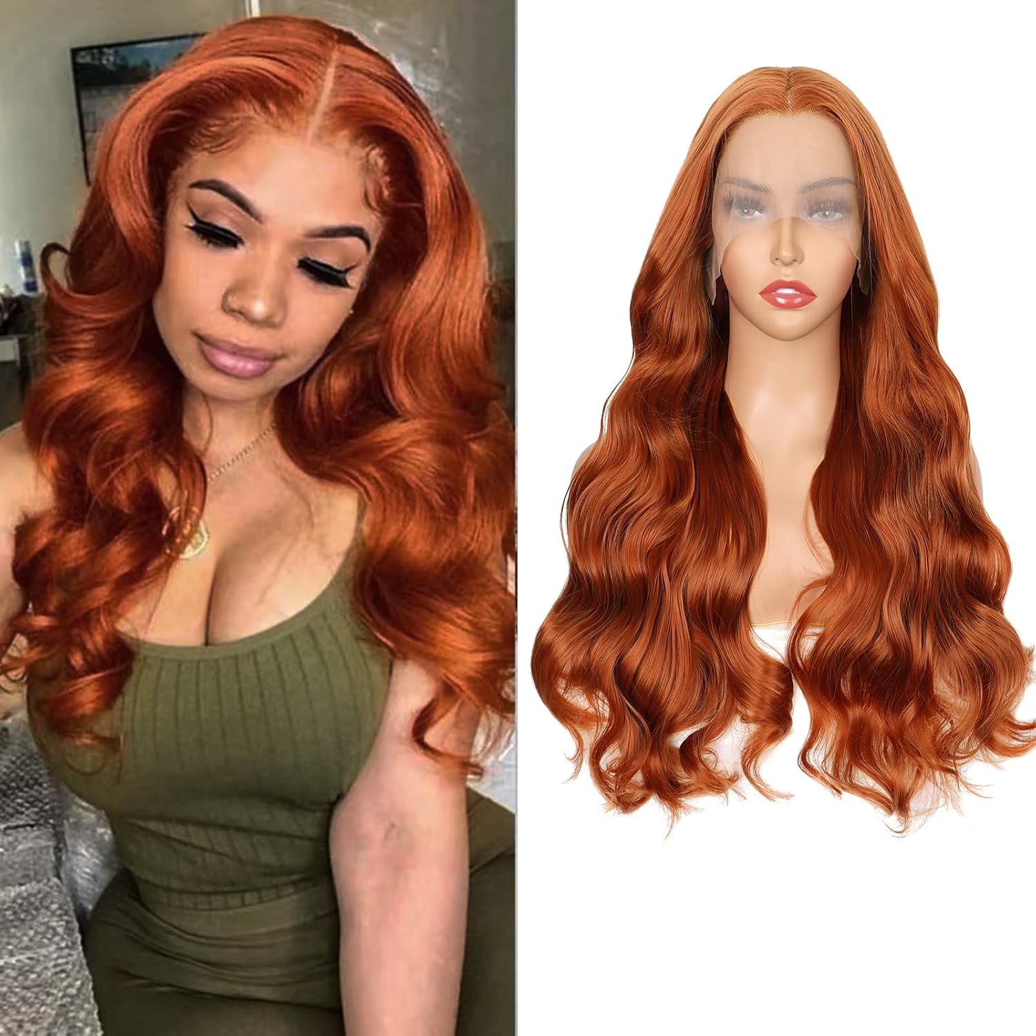 V'NICE Transparent Lace Front Wigs Synthetic Hair 150% Density Orange Red Hair Replacement Wigs for Black Women Body Wave Glueless Wigs