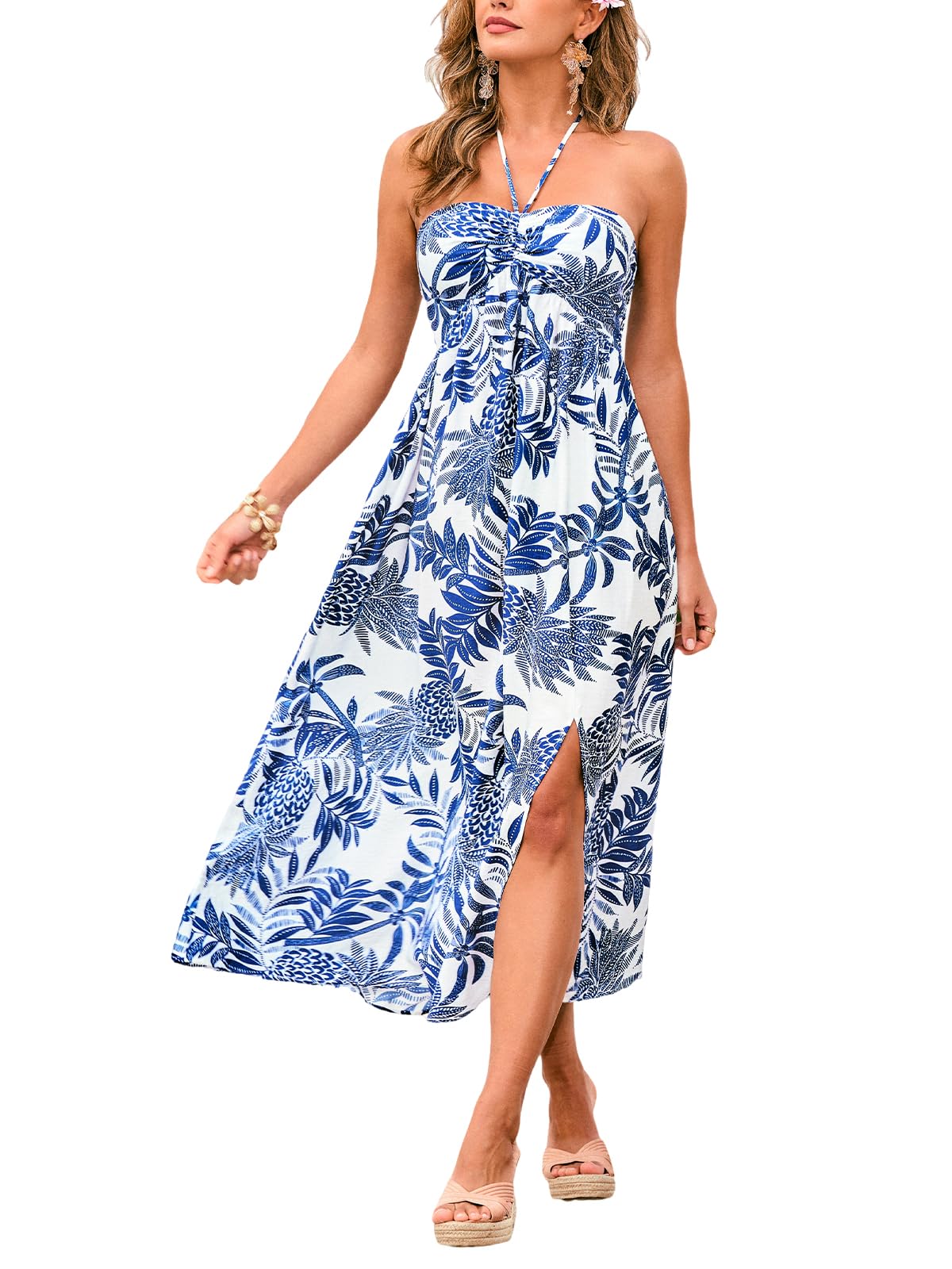 CUPSHE Robe d'été dos nu pour femme - Col en cœur - Taille haute - Fente sur le côté - Tropical - Décontractée - Vacances - Plage - Midi