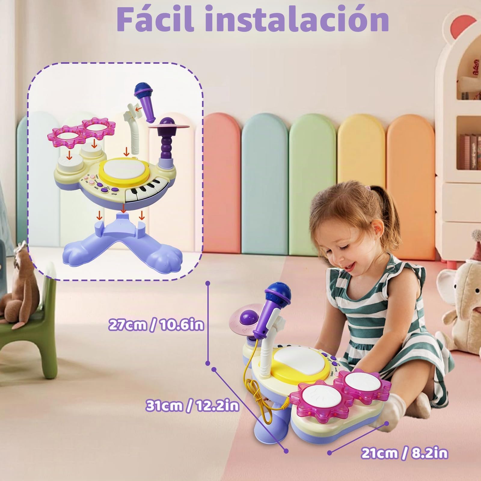 Batería Musical Para Niños Con Luces, Micrófono Y Piano | Juguete De Educación Temprana De 3 Años En Adelante (Morado)