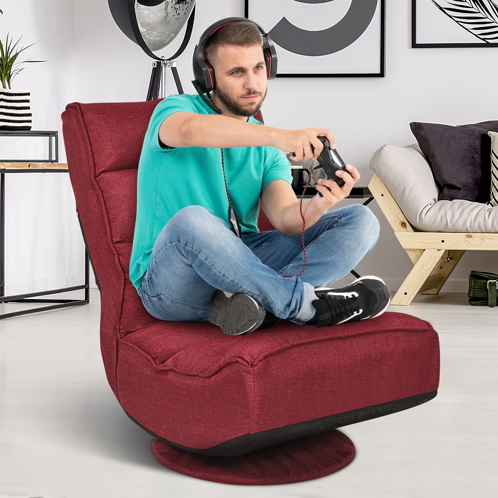 GOPLUS 360° drehbarer Bodenstuhl, klappbarer Bodensessel mit Verstellbarer Rückenlehne, Gamingsessel, Bodensofa, Meditationsstuhl, bis 120kg belastbar, für Zuhause & Büro (Rot)