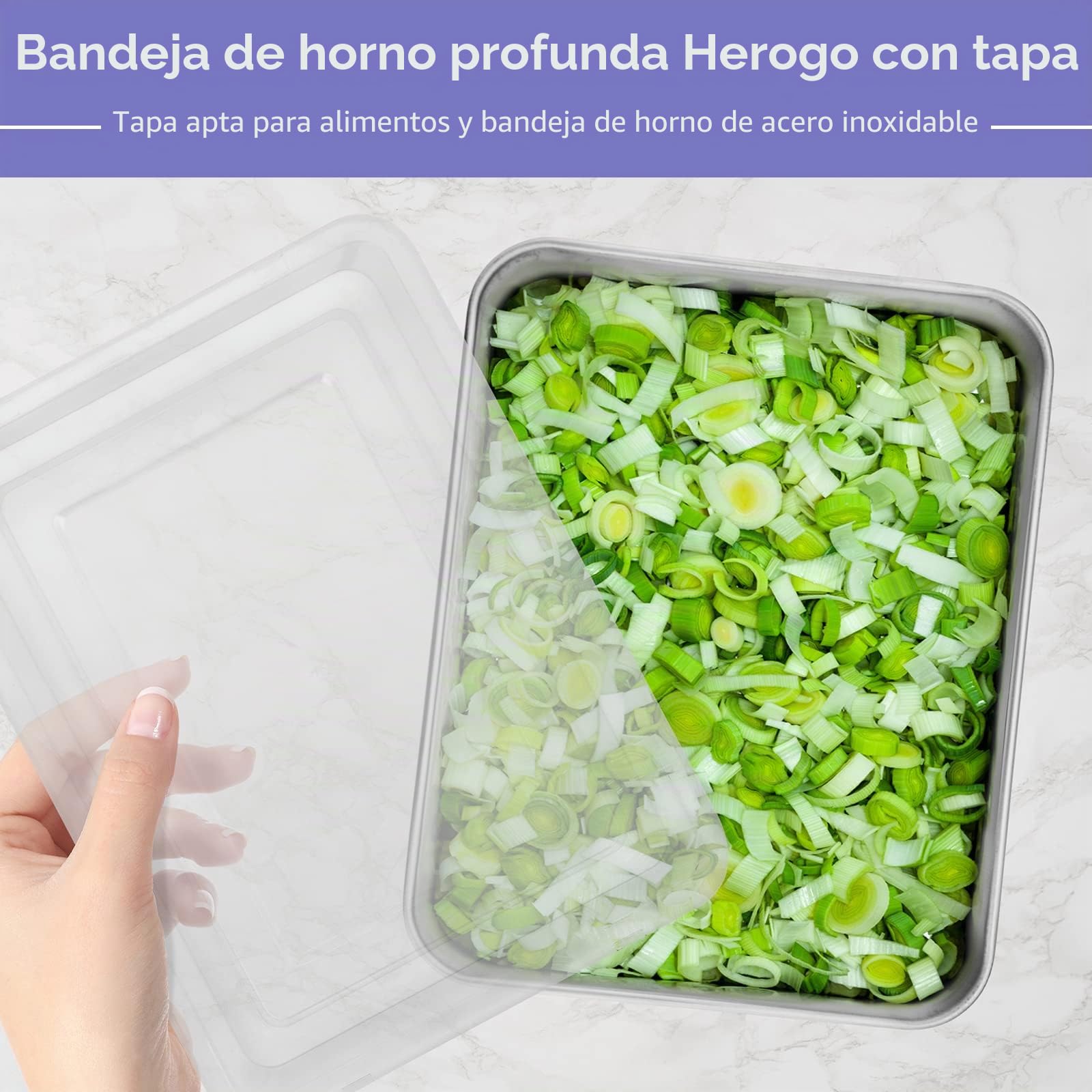 Herogo Molde para tartas, bandeja para hornear profunda con tapa, 31 x 24 x 5 cm, de acero inoxidable, rectangular, bandeja para horno, bandeja para tartas, sartén para hornear y cocinar, ideal para
