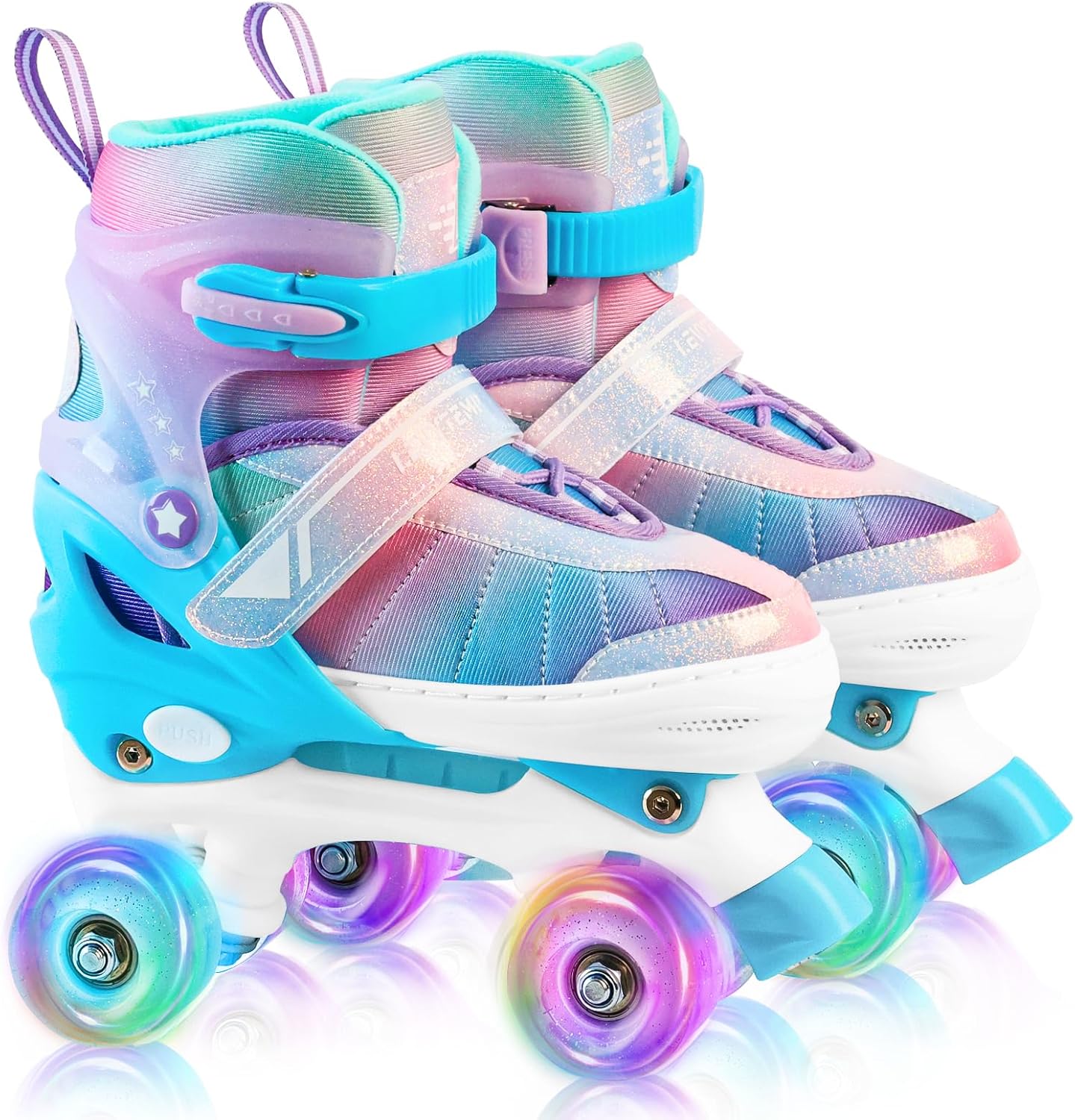Rainbow Roller Skates for Girls Kids, Gradient Pink Purple 4 Size Adjustable Quad Skates Size XS S, M, L Ages 3-12 with All Light Up Wheels for Kids Youth Outdoor Indoor