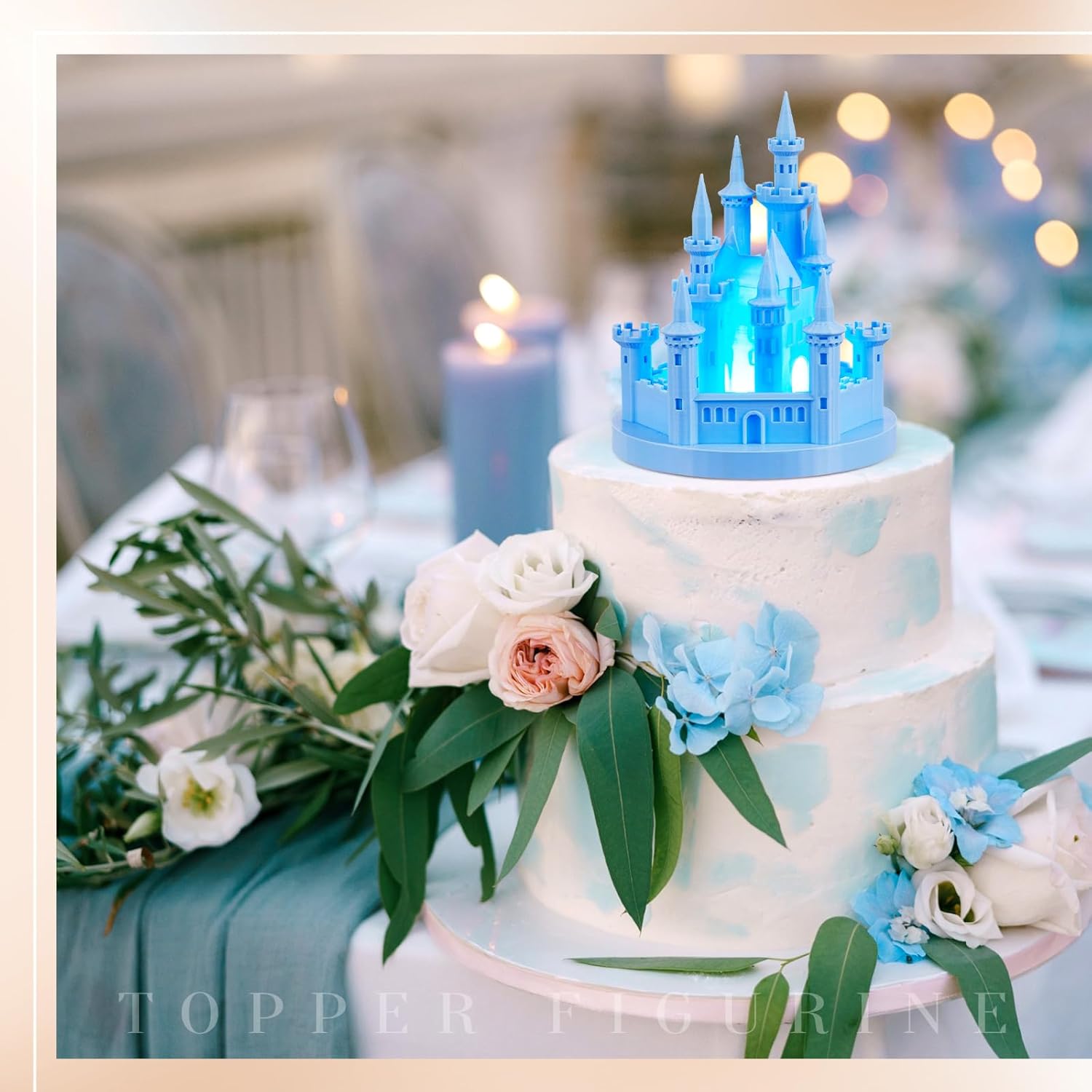 Baquler 4.8 Inch Castle Cake Topper Figurine Wedding Cake Topper Birthday Castle Tower Night Light USB Rechargeable Princess Nightlight for Valentine's Day Wedding Birthday Party Decor(Blue)