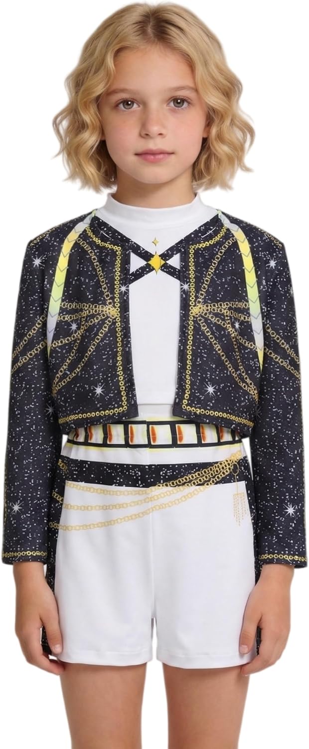 SAVITO Popular Singer Performance Outfits, Black Golden Printed Clothing Suitable for Kids Aged 3-12, Christmas Gift