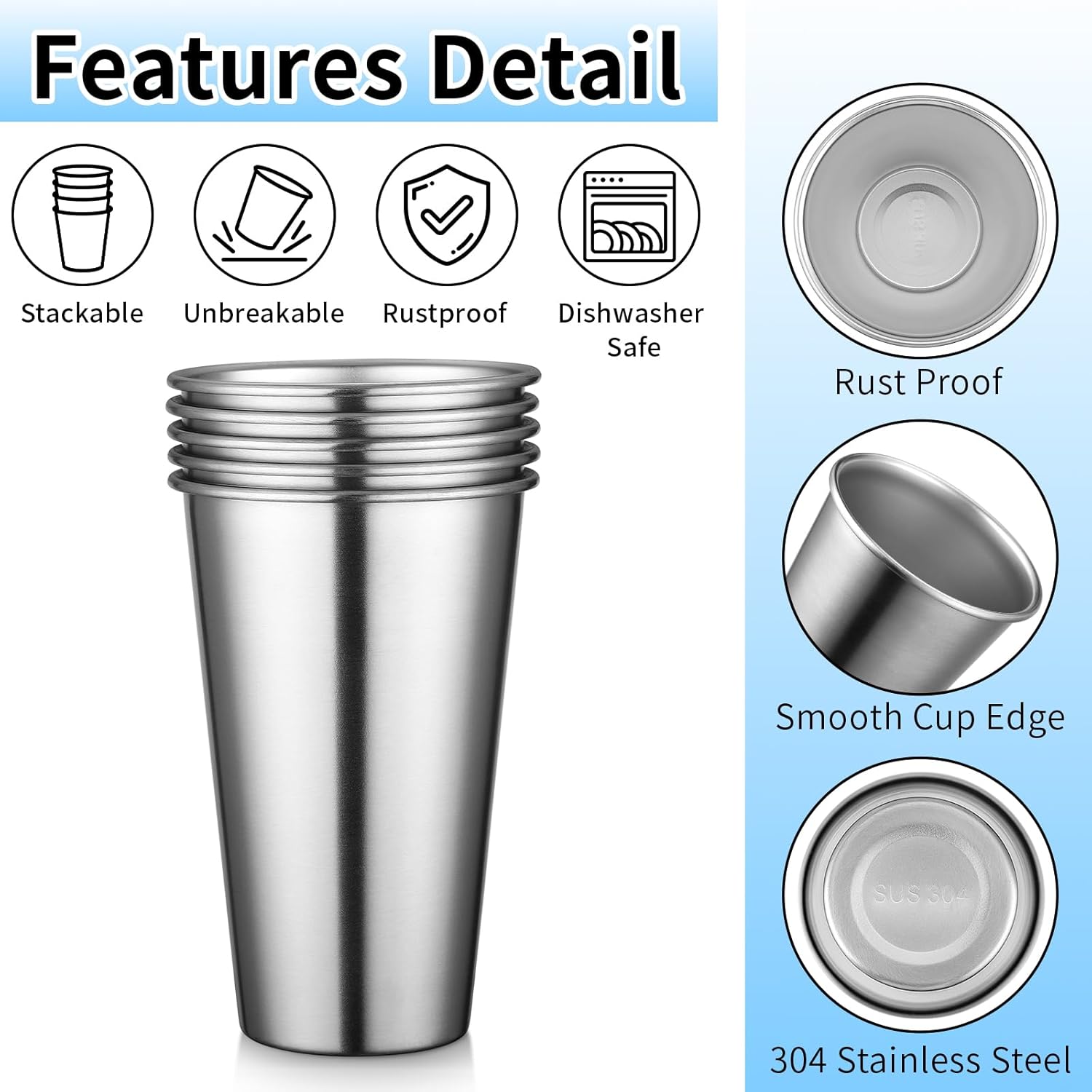 Beasea Stainless Steel Cups, 20oz 600ml 5 Pack Large Metal Water Drinking Tumblers Pint Cups Stackable Shatterproof Sturdy Reusable Glasses for Home Outdoor Party Camping - Image 3