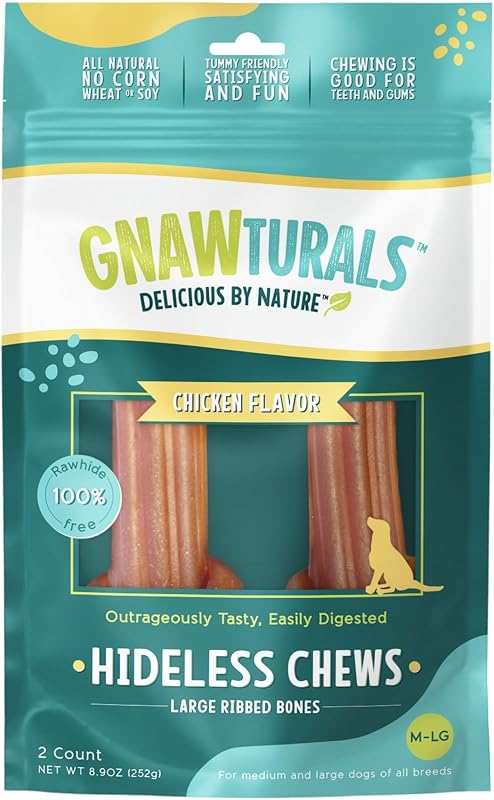 Ossos de mastigação para cães grandes e extragrandes Gnawturals, sem couro cru, com frango, abóbora, Psyllium e raiz de chicória, pacote com 2