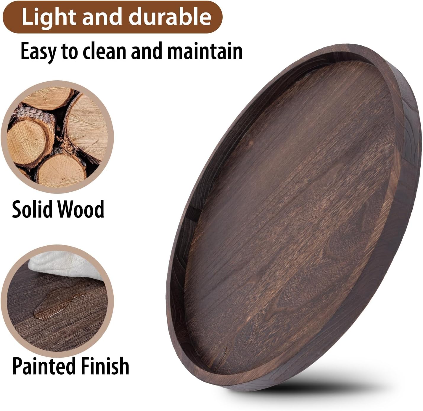 Round Ottoman Tray for Coffee Table Living Room Wood Serving Tray Large Wooden 24 Inches Rustic Brown - Image 4