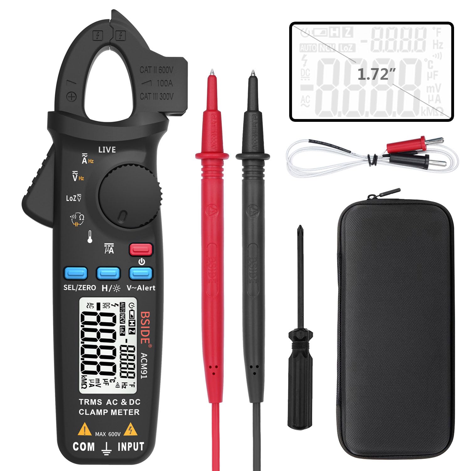 BSIDE ACM91 Pince multimètre 1 mA Courant AC/DC TRMS Auto-Ranging 6000 comptes Multimètre Capacitance Live Check V-Alert Testeur avec clip de poche