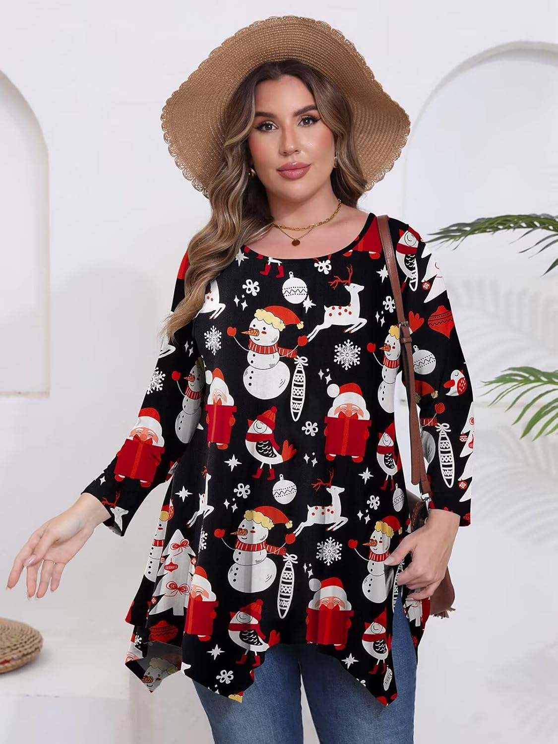 BELAROI Plus Size Tops for Women Christmas Tunic Tops 3/4 Sleeve Casual Snowman Print Swing Loose T Shirts Blouse(4X,Flower47) - Image 2