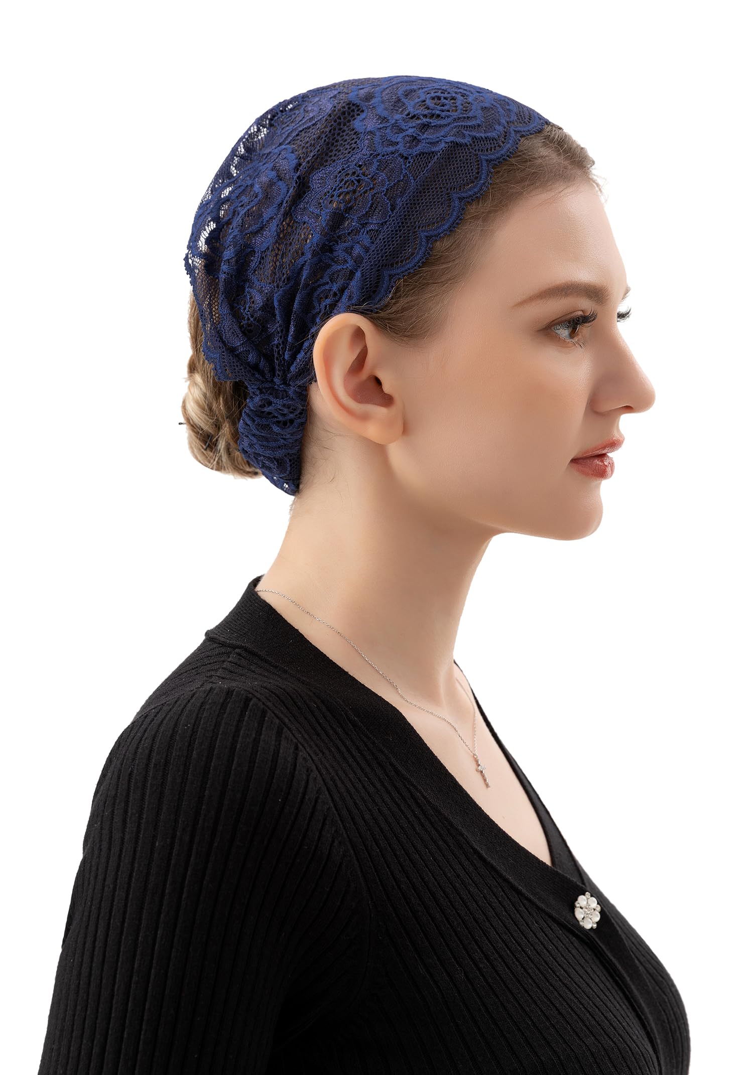 PAMOR Stretchy Rose Lace Headband Floral Headwrap Chapel Veils Latin Mass Head Covering Catholic Church Veil with Bobby Pins (Navy Blue)