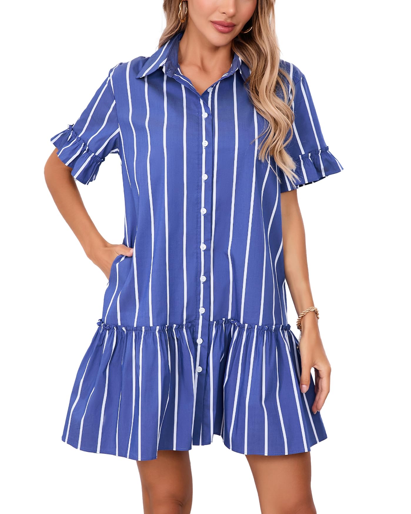 YEXPINE Vestido Camisero Corto con Volantes para Mujer, Vestido de Manga Corta con Botones, Vestido de algodón con Cintura caída, Azul, Large