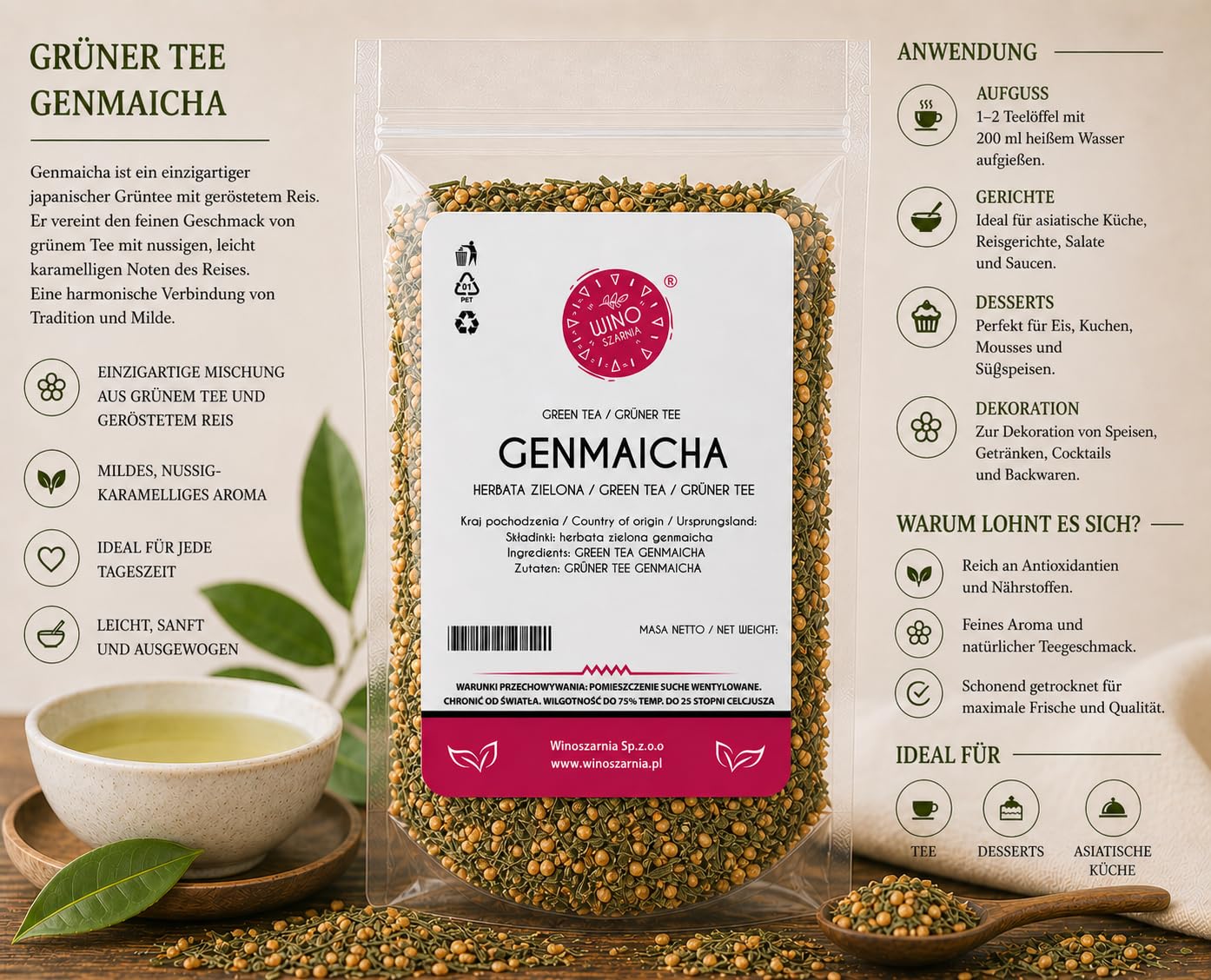 Herbata zielona Genmaicha z Prażonym Ryżem 500g Prażony Ryż