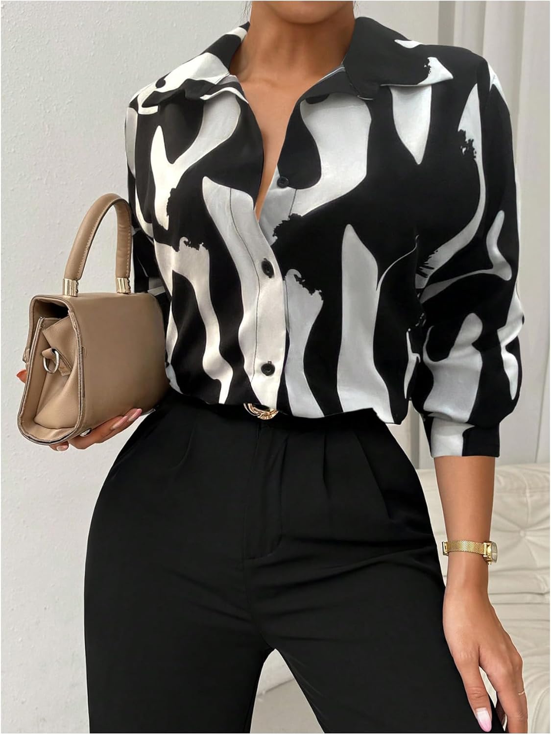 WDIRARA Women's Graphic Button Down Shirts Cow Printed Long Sleeve Collared Blouse Tops - Image 5