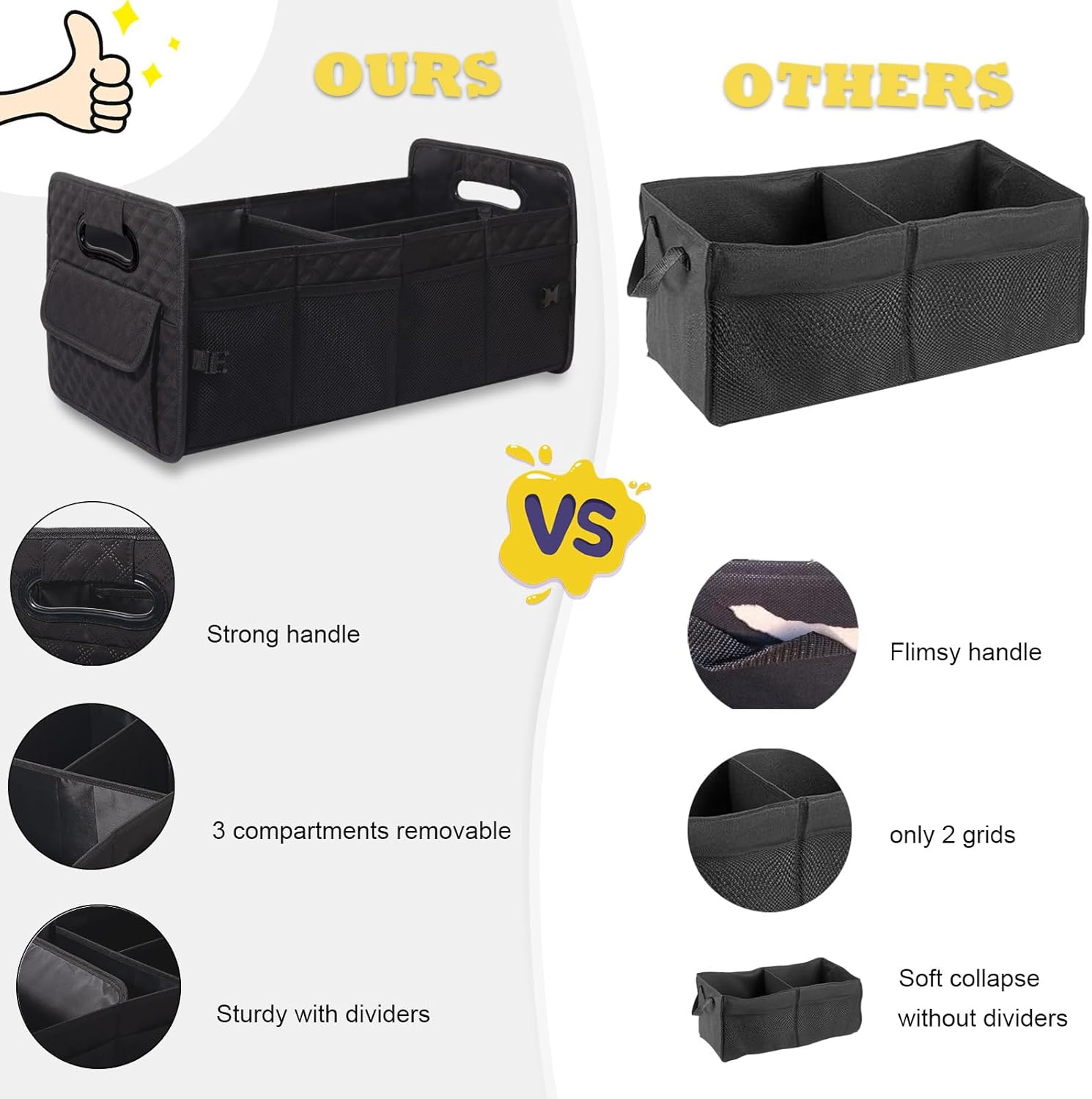 JiatuA Car Trunk Organizer for SUV, Car Storage Organizer Collapsible Multi Compartment Container Box, Adjustable Car Accessories for Women/Men, Black thumbnail