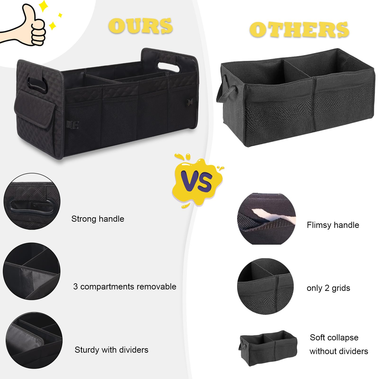 JiatuA Car Trunk Organizer for SUV, Car Storage Organizer Collapsible Multi Compartment Container Box, Adjustable Car Accessories for Women/Men, Black