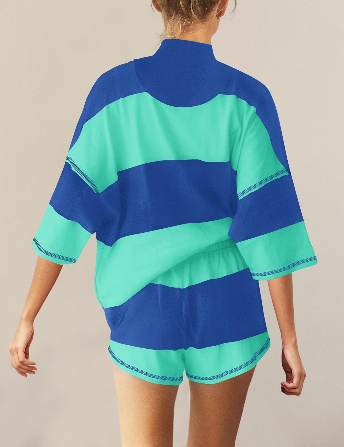Panadila Women Striped Workout Set Two Piece Outfit Tracksuit Oversized Lounge Set Top and Shorts Sets with Pockets