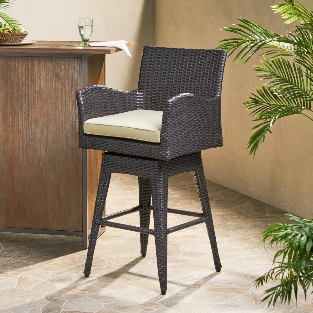 Wicker Swivel Barstool for Outdoor Use with Tapered Legs and 360-Degree Rotation