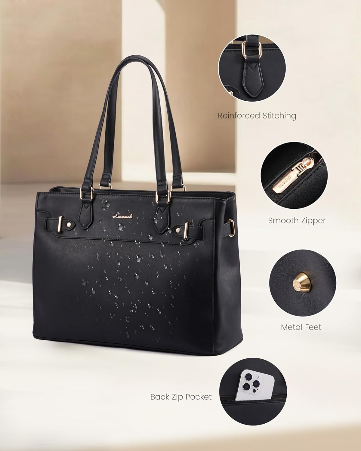 LOVEVOOK Laptop Tote Bag for Women Work, Teacher Tote Bag with Large Cup Holder, 15.6 Inch Waterproof Leather Computer Bag - Image 6