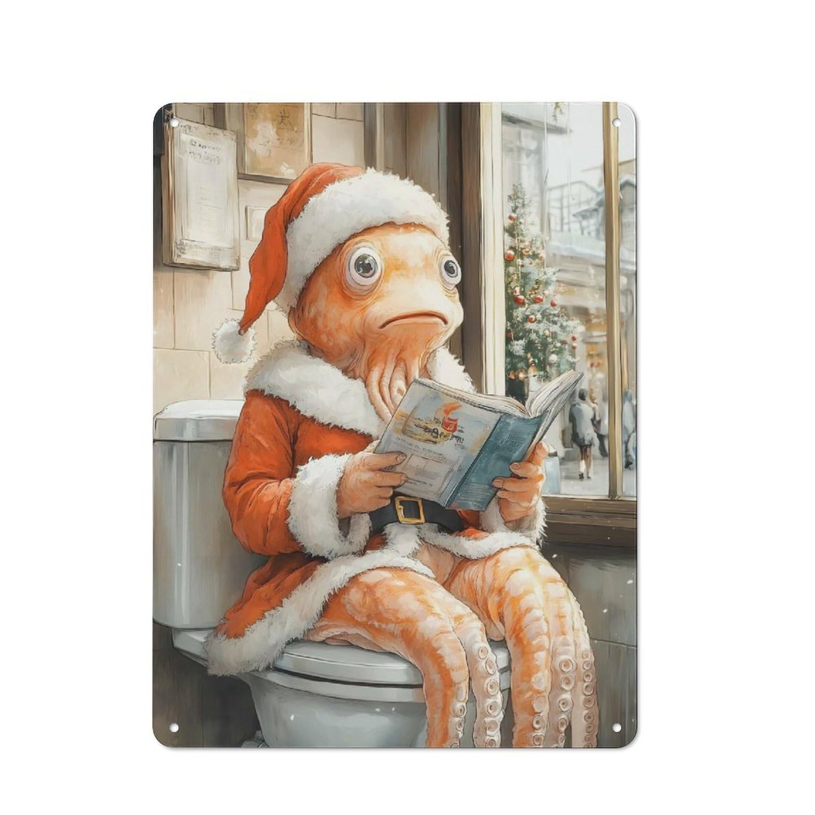 Junmoney Octopus Santa On Toilet Kitchen Metal Sign 40X30cm, Country Style Kitchen Wall Decor For Restaurant, Kitchen, Counter Or Breakfast Nook