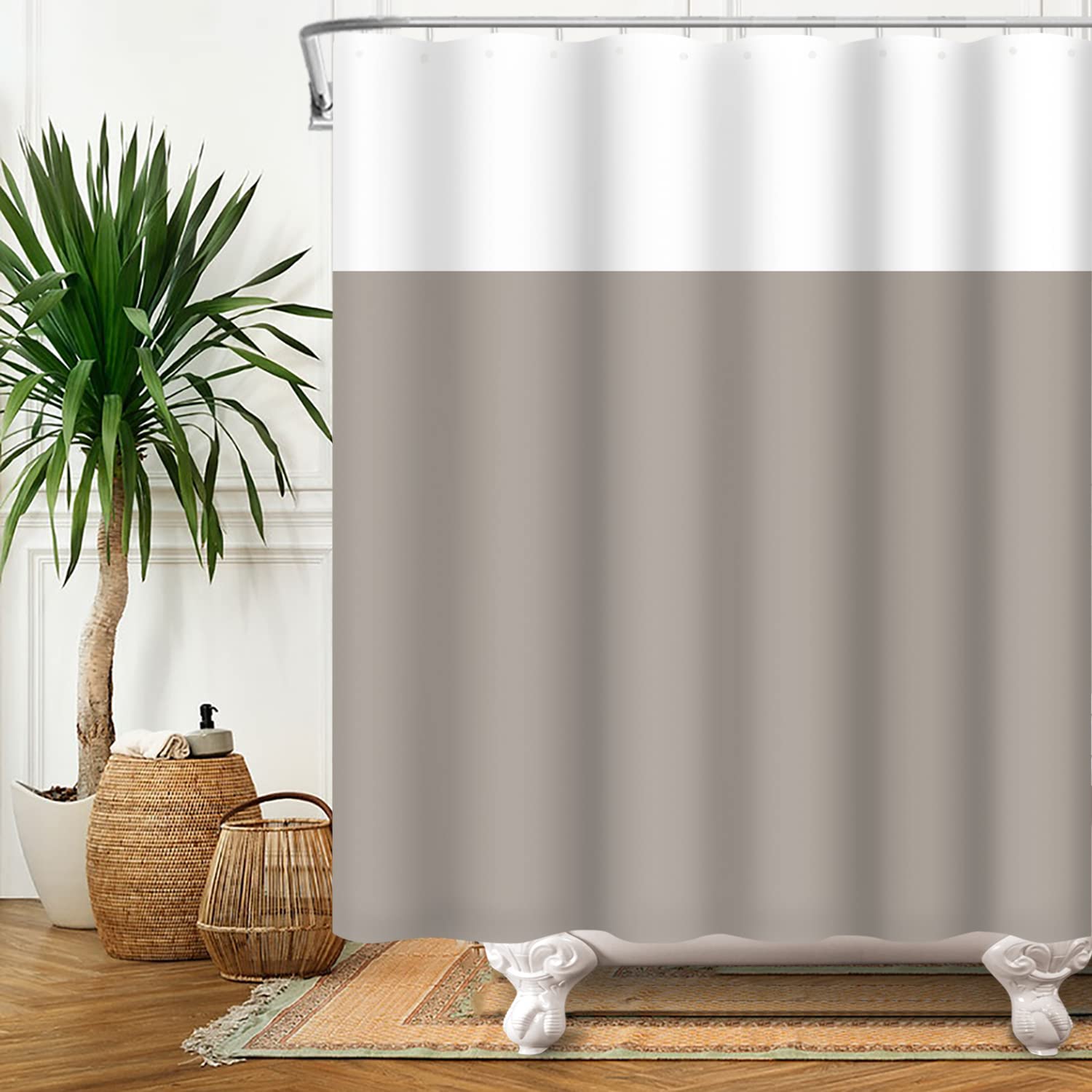 Tenda Da Doccia Geometrica Astratta Marrone Beige - Tessuto Impermeabile 183x198 Cm, Con Ganci, Stile Minimalista Moderno