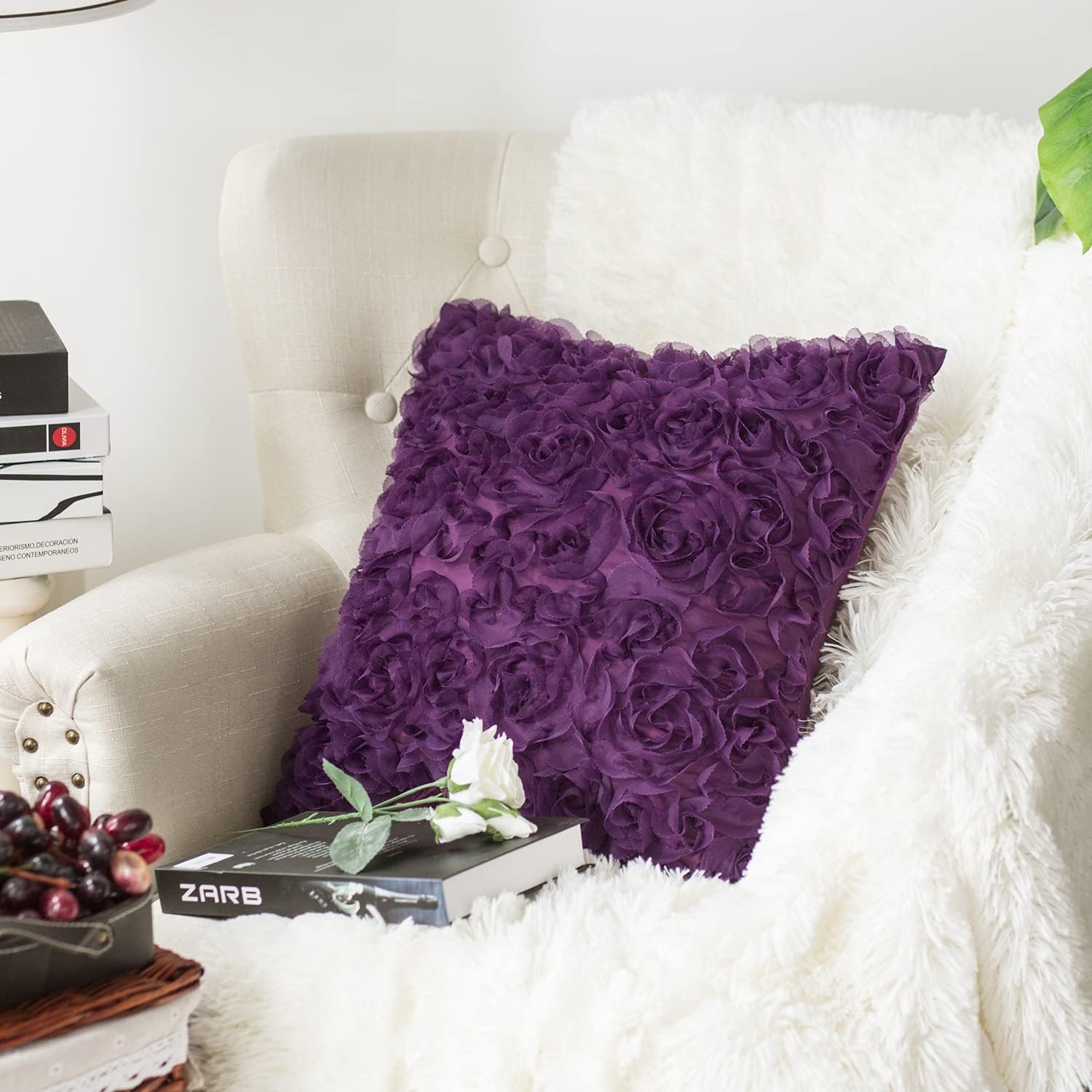 CaliTime Throw Pillow Cases Pack of 2 Solid 3D Stereo Chiffon Rose Flower Decorative Cushion Covers Shells for Couch Sofa Bedroom 20 X 20 Inches Purple
