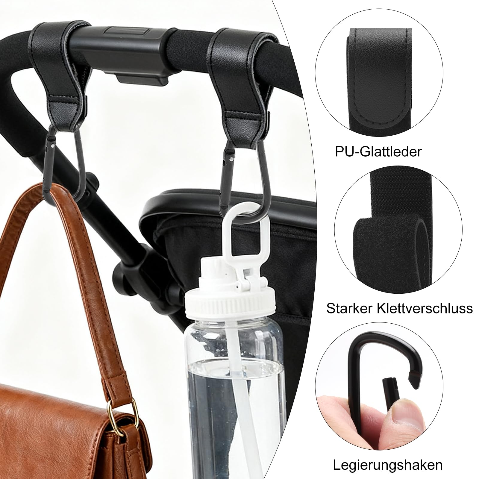 VOSSOT Portavasos Carrito Bebe, 1 Portavasos para Cochecito con 2 Ganchos para Cochecito de Bebé, con Rotación de 360 Grados, Accesorios Carrito Bebe Negro