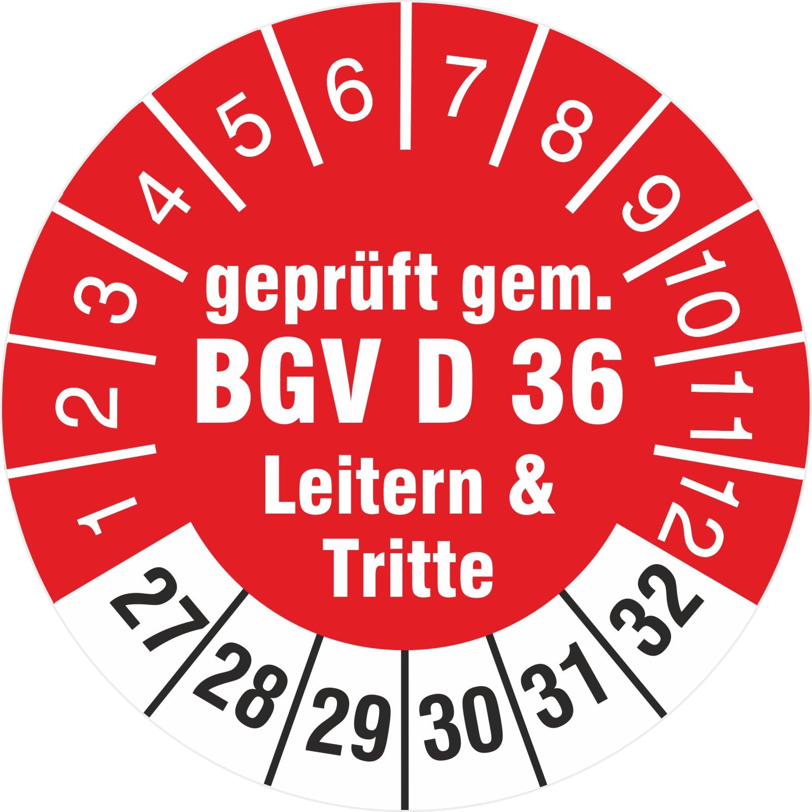 2500 Stück Prüfplaketten 30 mm geprüft gemäß BGV D36 Leitern und Tritte Prüfetiketten 2027-2032 Rollenware stark haftend