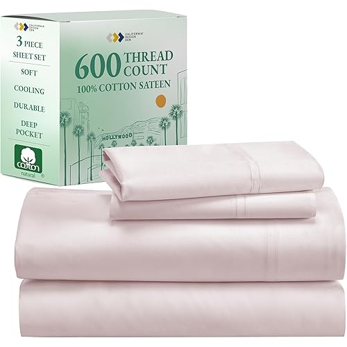 California Design Den 5-Star Hotel-Quality Twin Bed Sheets Cotton, 100% Cotton Sheet Set - 600 Thread Count Sateen with Deep Pockets (Blush Pink)
