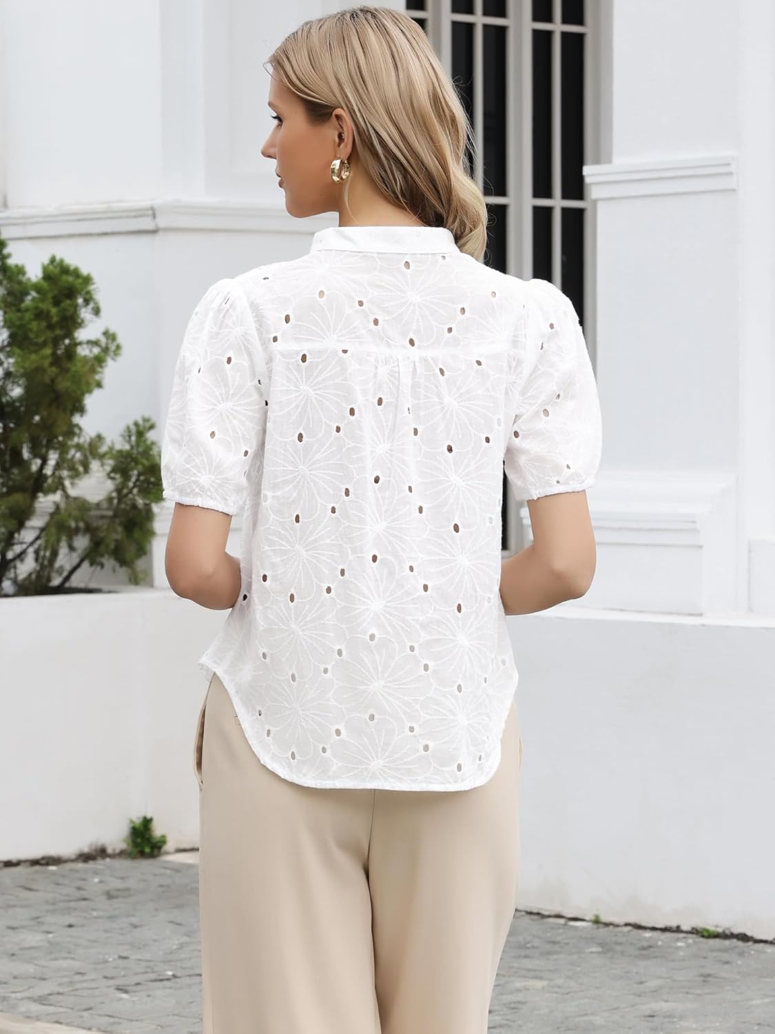 Allegra K Short Sleeve Summer Tops for Women Casual V Neck Hollow Out Eyelet Top Shirts - Image 2