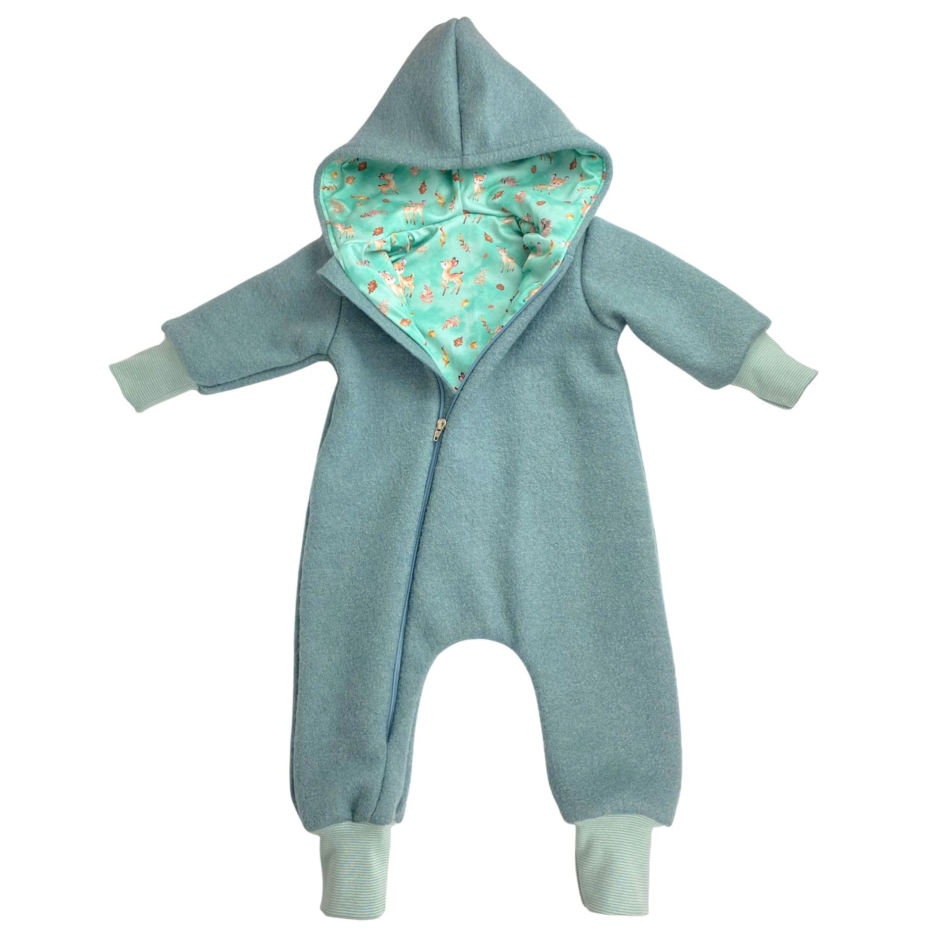 Lilakind Wollwalk Overall Baby & Kind - Altgrün Mintgrün mit REH-Futter - ungefüttert oder gefüttert - Walkanzug mit Kapuze und Reißverschluss - Made in Germany