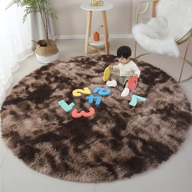 120cm Fluffy Round Area Rug for Bedroom Soft Fuzzy Circle Rug for Kids Girls Baby Room Indoor Plush Circular Nursery Rugs Cute Modern Furry Rugs for Living Room Shaggy Carpet for Bedroom, Coffee