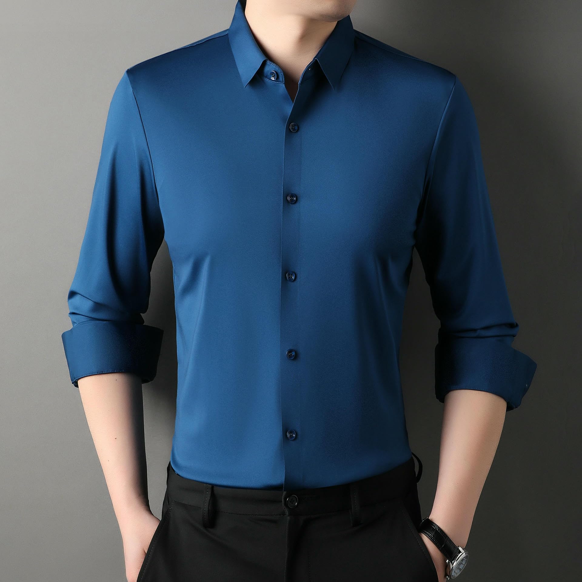 Herren Einfarbiges Langarm Nahtloses Knitterfreies Elastisches Atmungsaktives Business Casual Schmal Geschnittenes Weißes Hemd