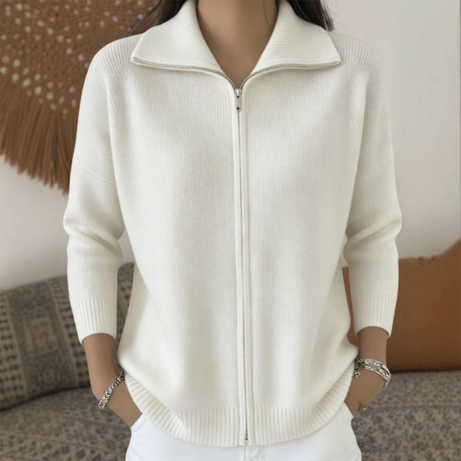 Generico Damen-Strickjacke mit Reißverschluss, Stehkragen, lange Ärmel | Einfarbig Gestrickte Jacke Kleidung Frühling Herbst Casual Style Pullover Elegant Bequeme Passform