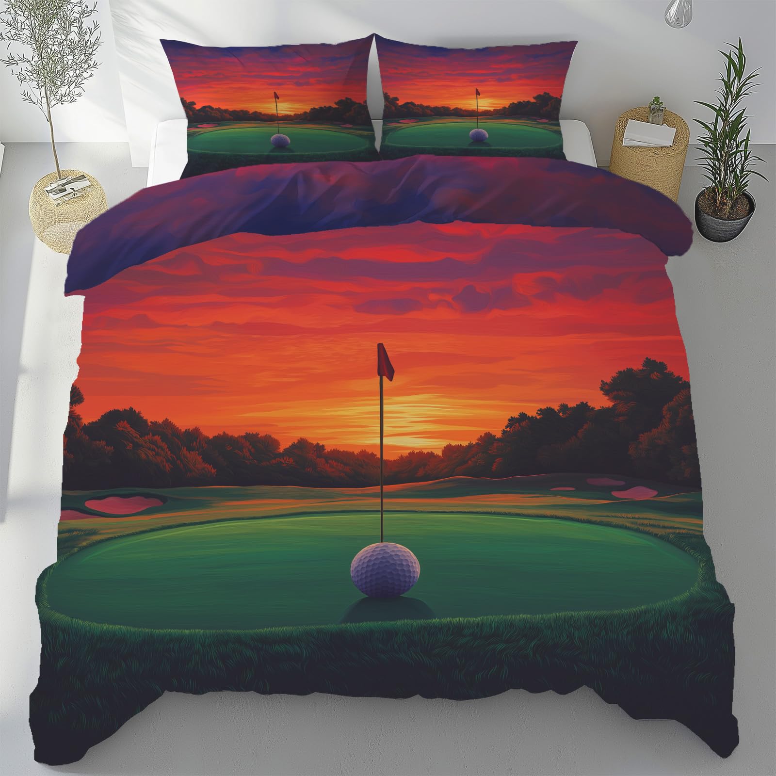 Housse de couette golf 240x260 cm parure de lit microfibre réversible 3 pièces avec zip
