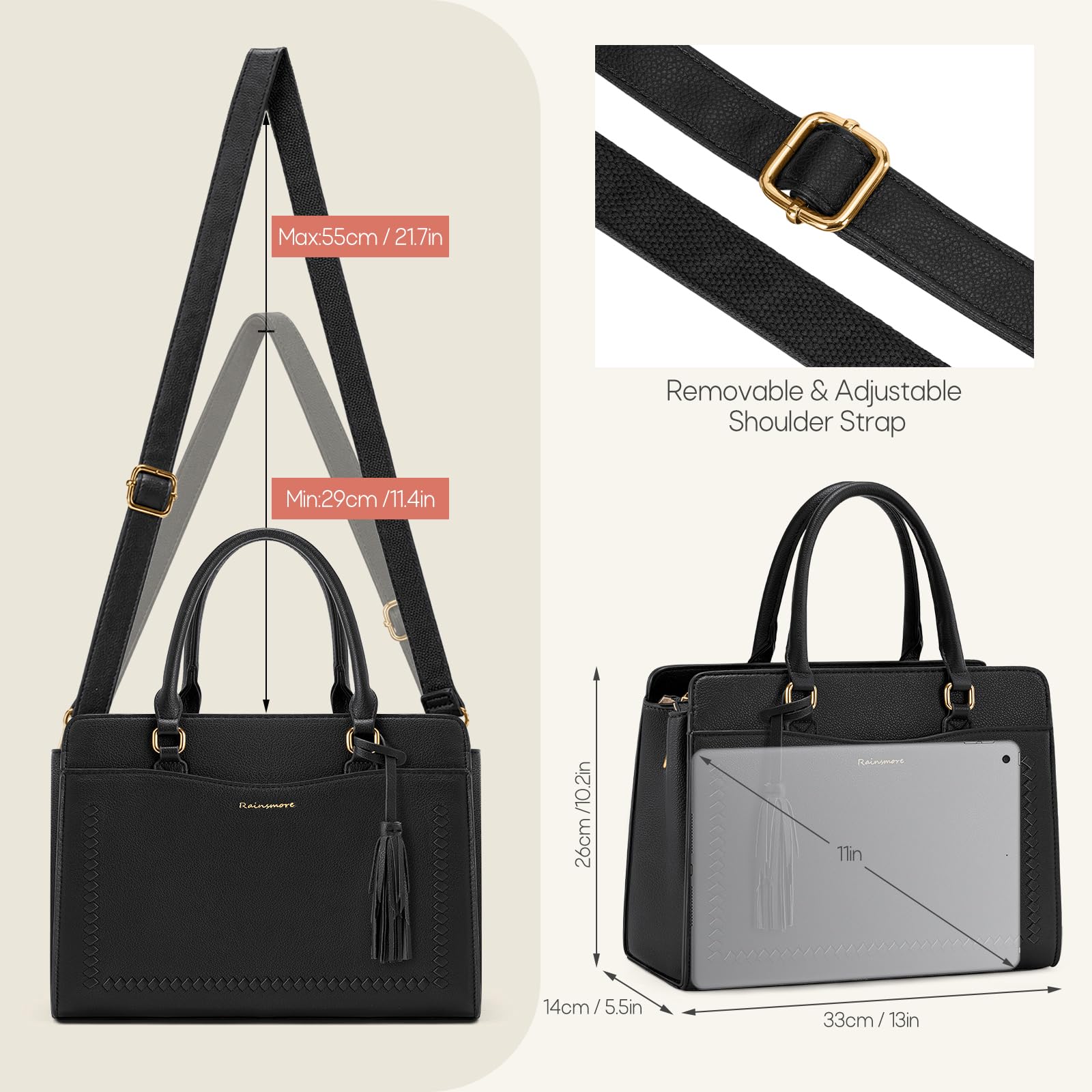 RAINSMORE Sac a Main Femme Moyen Elégant Sac Bandoulière Simili Cuir | Sac à Main Bandoulière Femme avec Multi Poche et Bandoulière Amovible pour Quotidien Travail Voyage Sac Universit