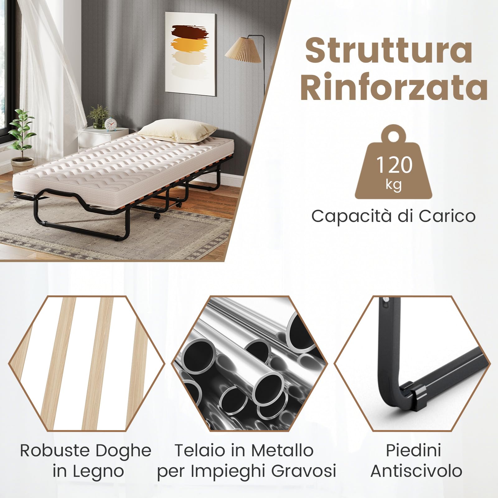 COSTWAY Brandina Pieghevole con Materasso, Struttura Metallica, Materasso in Memory Foam, Trapuntatura a Onda con Imbottitura a Doppia Fibra, 200x90x41 cm, Made in Italy (Stile 2 Beige)