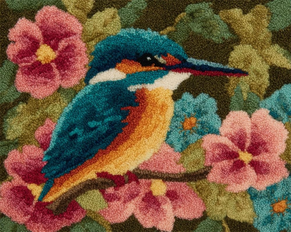 Kitquiver Latch Hook Rug Kits for Adults Kingfisher and Flowers DIY with Printed Canvas Crochet Yarn Handmade Embroidery Crafts Crochet for Home Decoration 15X20In
