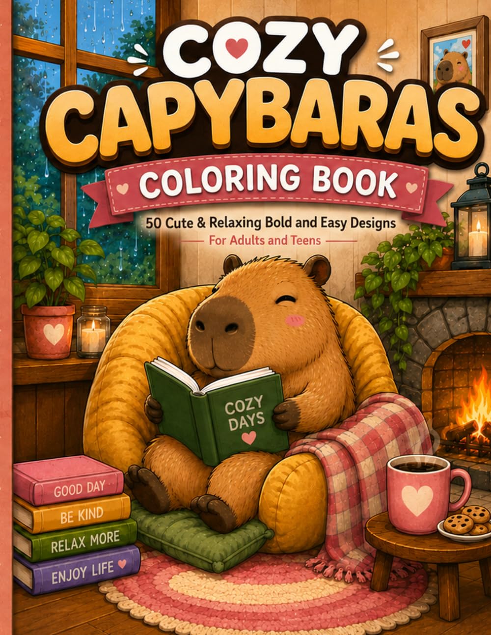 Cozy Capybaras Coloring Book: 50 Cute & Relaxing Bold and Easy Designs for Adults and Teens