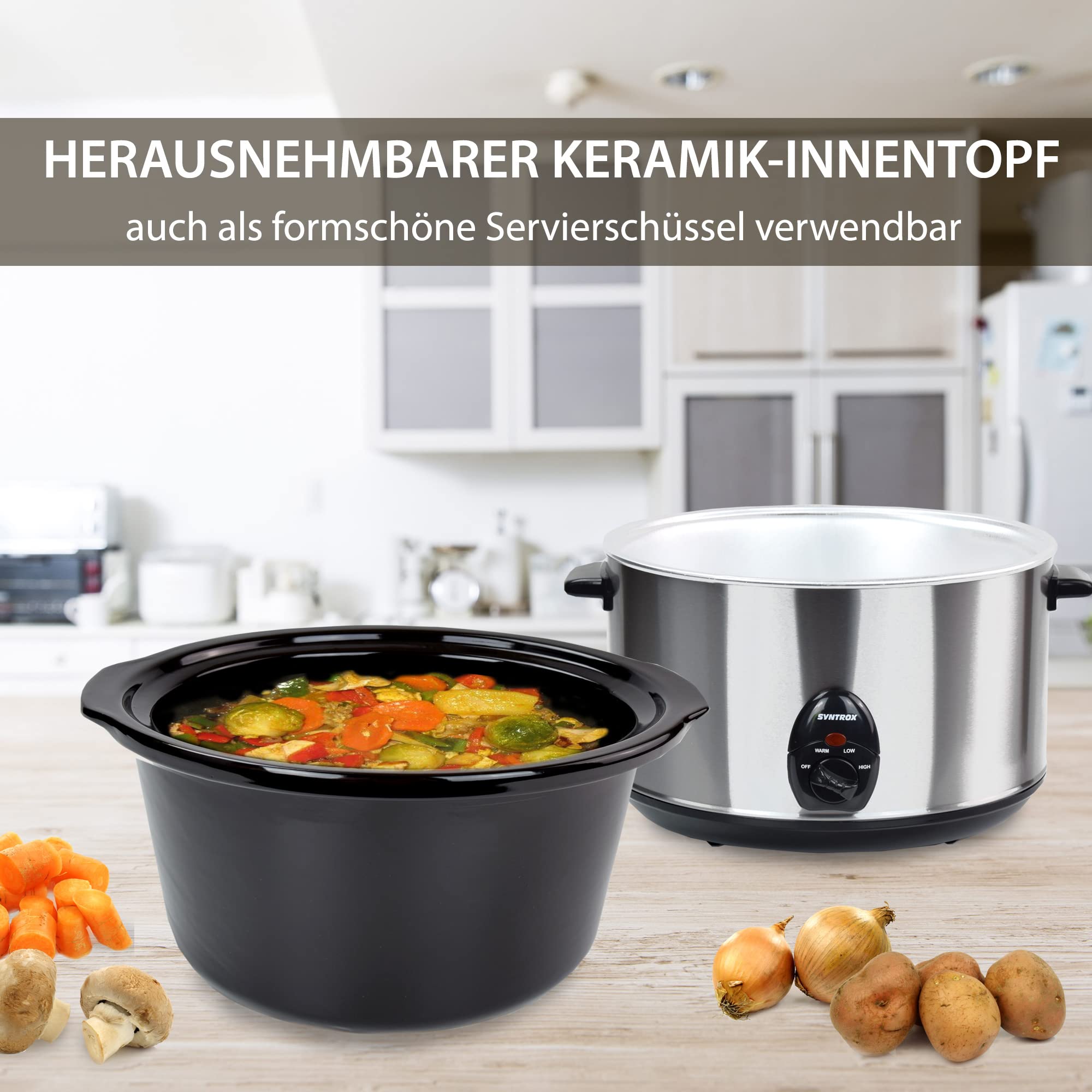 Syntrox Germany Slow Cooker Schongarer 5,6 Liter mit Warmhaltefunktion, Glasdeckel und robuster Keramikschüssel 320 Watt