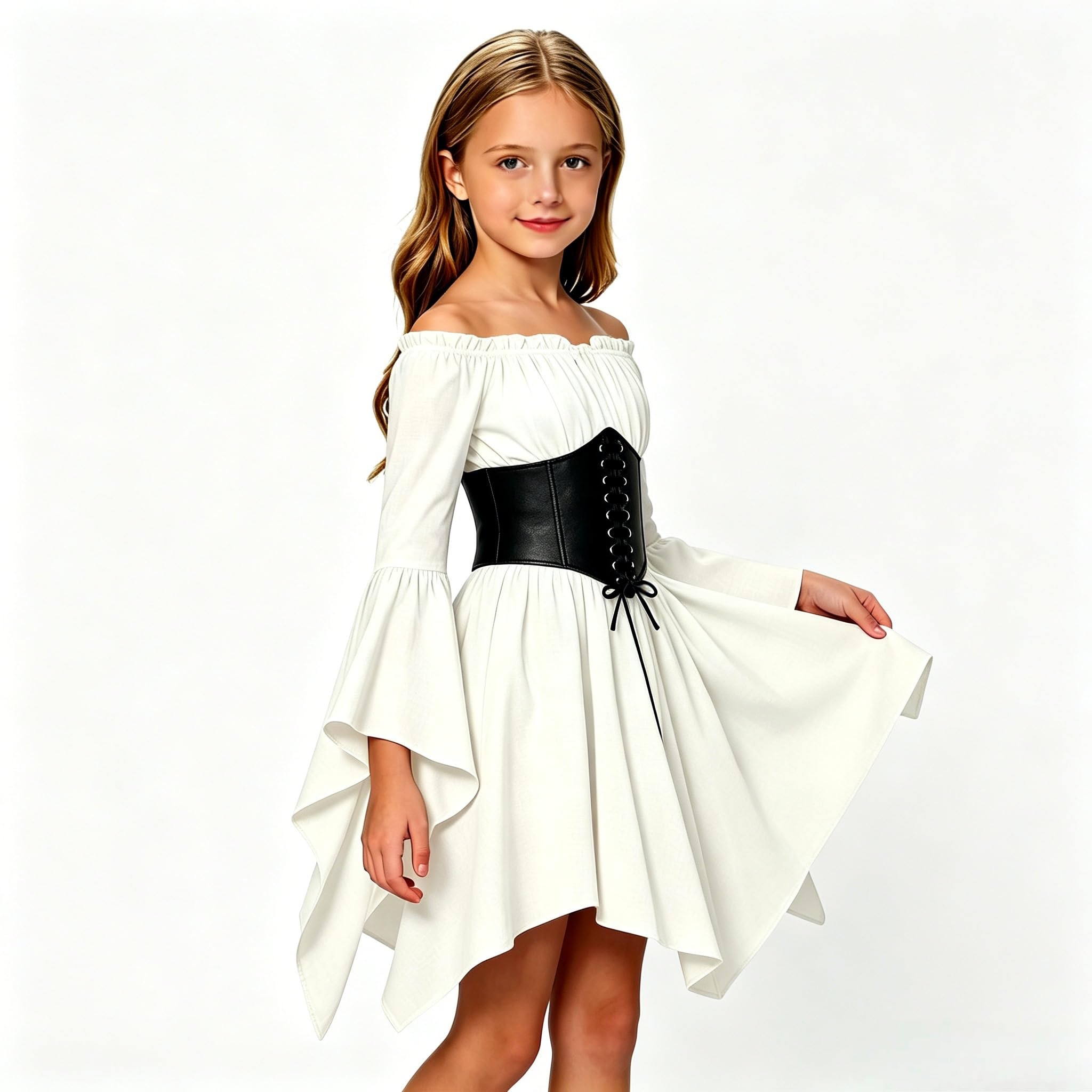 Girls Medieval Short Dress Off Shoulder Pirate Dress Medieval Dress, Elastic Smocked Waist, Flared Sleeve, Renaissance Steampunk Style, Halloween Cosplay Carnival Costume — image 1